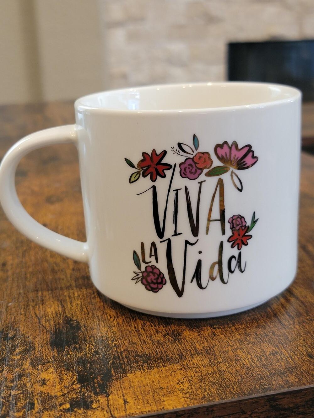 Unmarked Viva La Vida Coffee Mug White Floral Medium Ceramic Modern Cup Handle